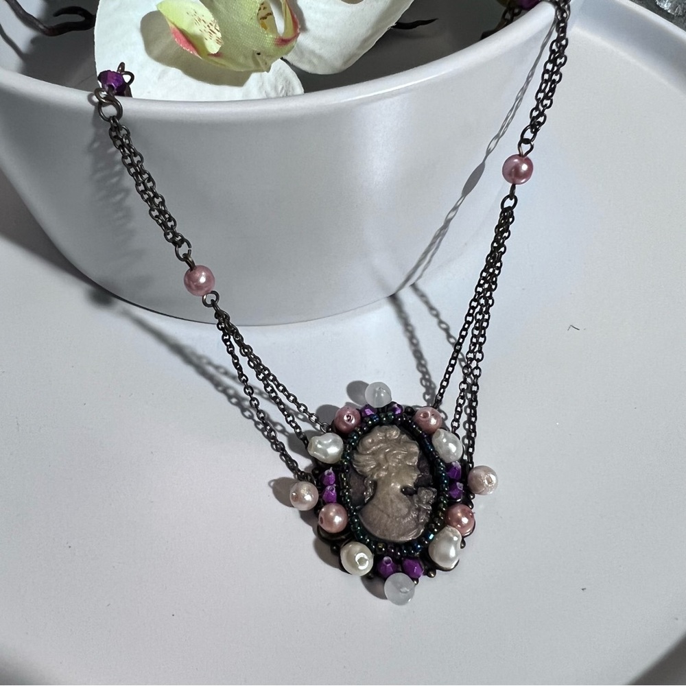 Victorian Vintage Cameo Beaded Ribbon Trim Necklace Choker Stunning Handmade